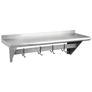 EFI SEPS Series stainless steel wall mount pot rack shelf with backsplash and hanging hooks underneath, angled view