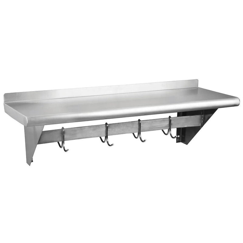 EFI SEPS Series stainless steel wall mount pot rack shelf with backsplash and hanging hooks underneath, angled view