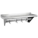 EFI SEPS Series stainless steel wall mount pot rack shelf with backsplash and hanging hooks underneath, angled view