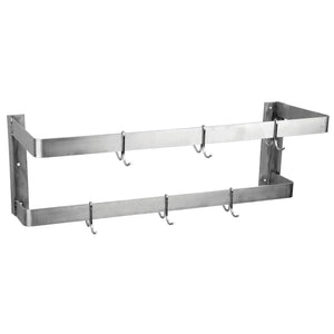 EFI SESW-24 stainless steel wall mount double bar pot rack with sliding hooks, angled side view