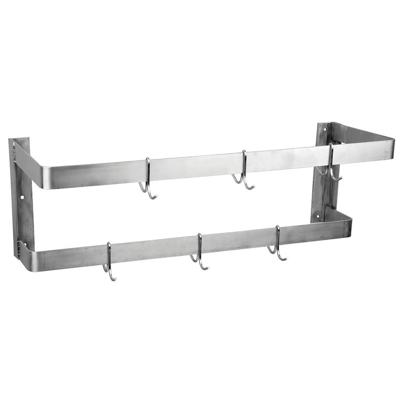 EFI SESW-24 stainless steel wall mount double bar pot rack with sliding hooks, angled side view