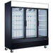EFI X-line C3-78GDVCX 78 inch black three glass door display refrigerator with lit sign panel, angled front view