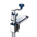 Edlund-1 manual can opener with blue crank handle and stainless steel bar mounted on a table base bracket