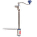 Edlund-2 manual can opener, full side view of the stainless steel bar, blue crank handle and table base plate