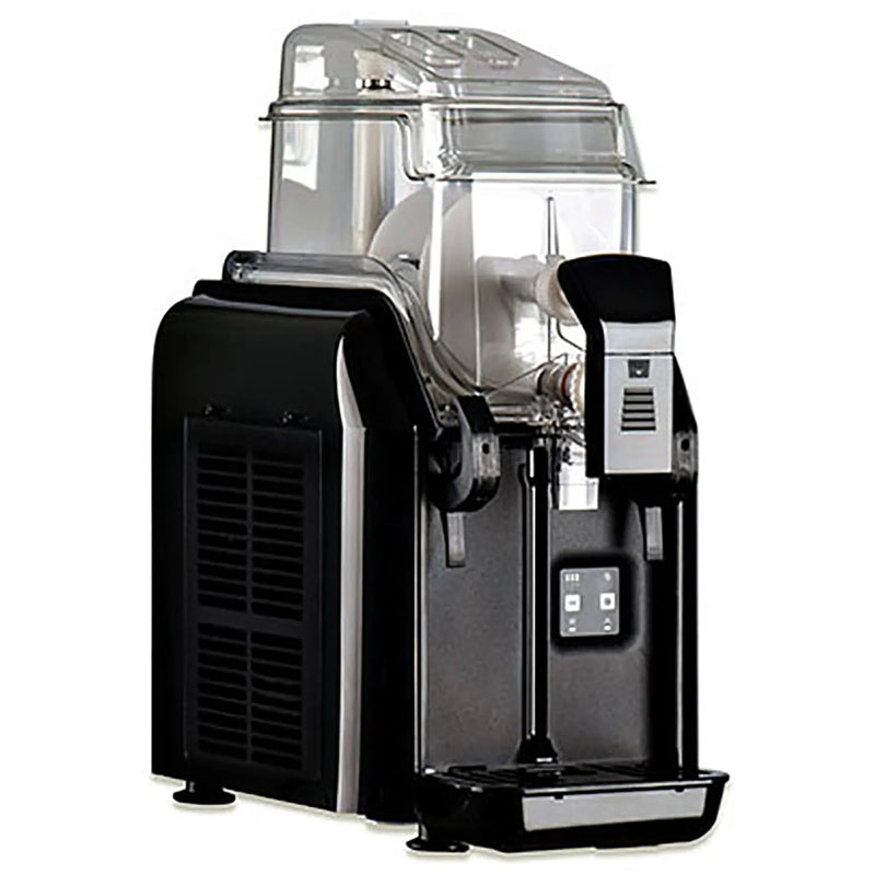 Elmeco BB1 GREEN BigBiz single 6L container slushie machine in black with clear bowl and silver lid, angled view