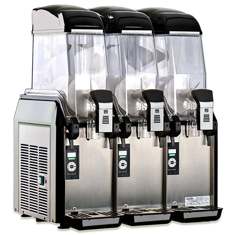 Elmeco FC3 GREEN Millenium triple 12L container slushie machine with three clear bowls and stainless steel base