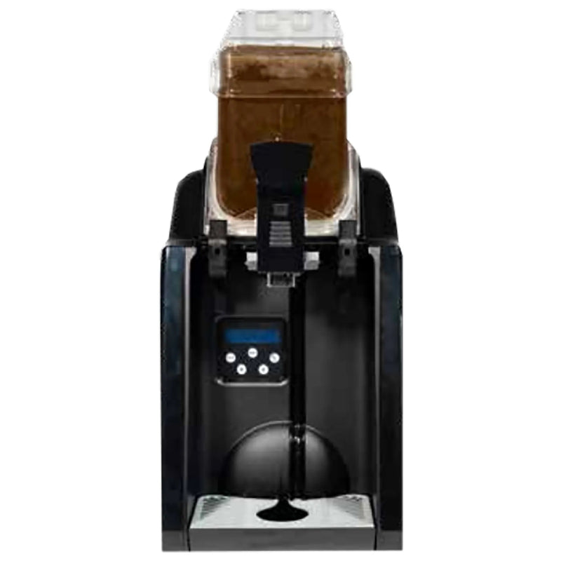 Elmeco QKOFFEE single 6L container coffee slushie machine in black with digital display, shown with coffee slush