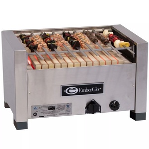 Emberglo 31C natural gas/propane countertop radiant 36 inch kebab broiler in stainless steel with kebab skewers, angled