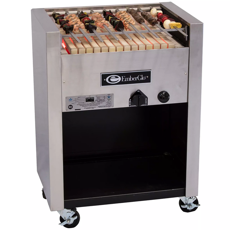 Emberglo 31F natural gas/propane floor model radiant 36 inch kebab broiler on a mobile open stand with kebab skewers