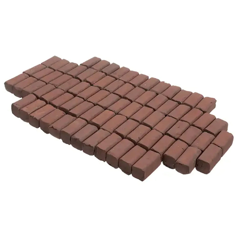 Emberglo 4577-01 briquettes for 25, 31 and 41 Series broilers, pile of reddish-brown ceramic briquettes from carton