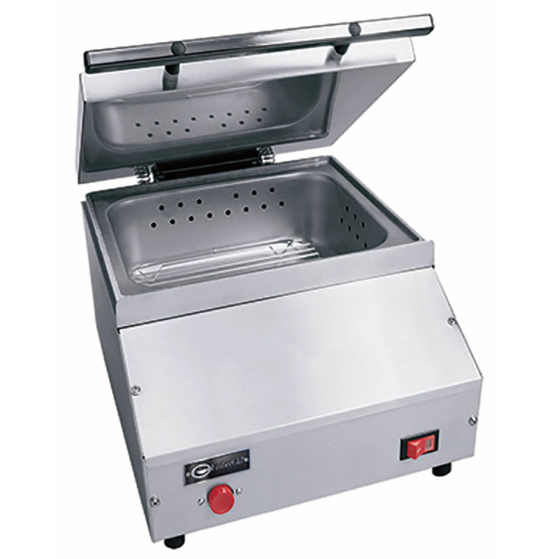Emberglo ES5 Series direct supply countertop steamer, 1500W, stainless steel with lid open and red start button