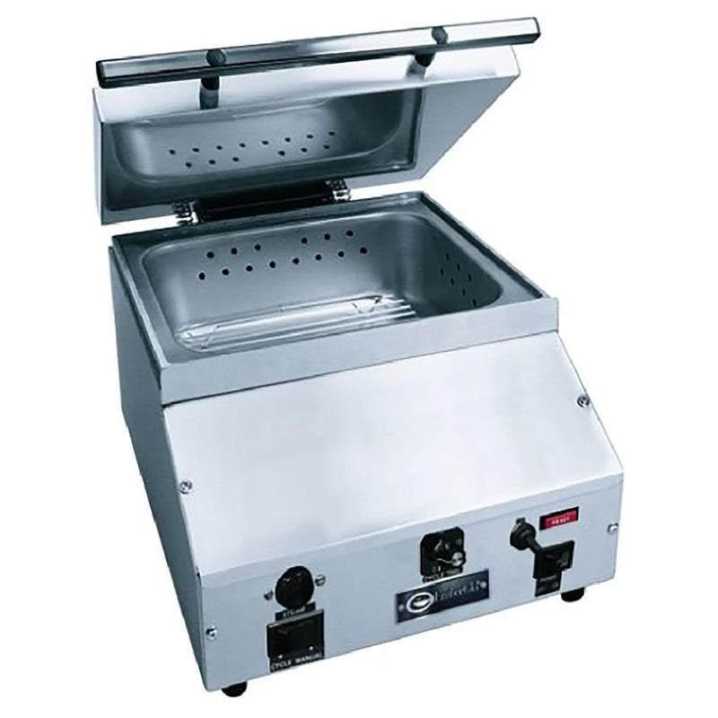 Emberglo ES5 Series direct supply countertop steamer, 1800W, stainless steel with lid open and digital timer controls