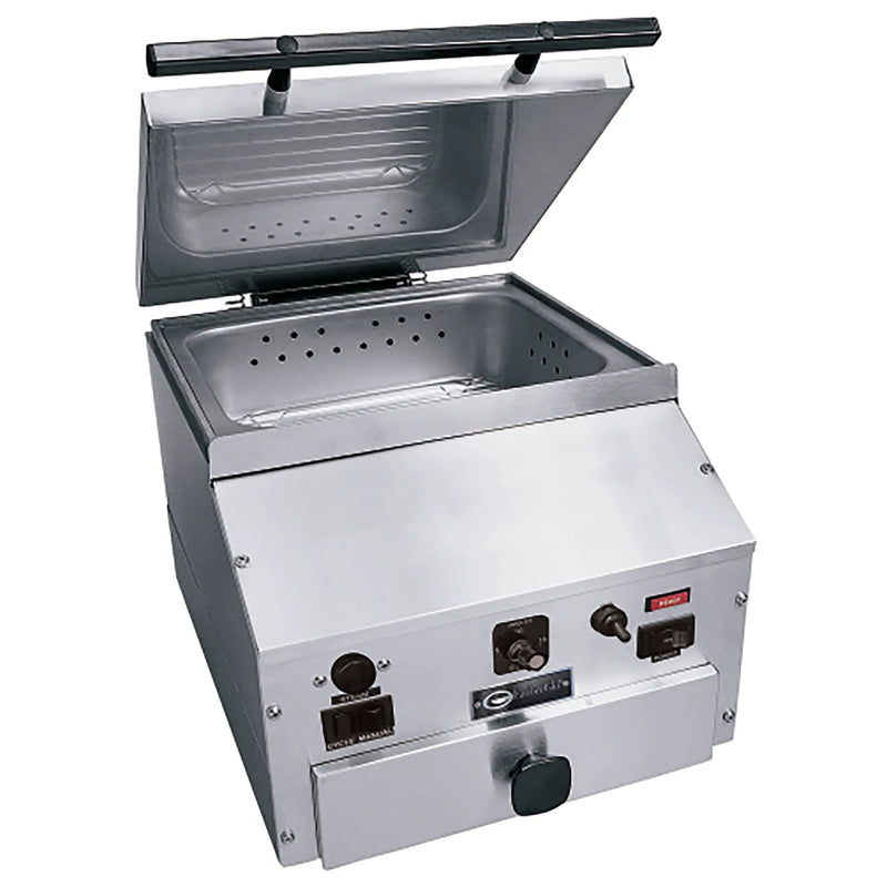Emberglo ES5 Series self-contained countertop steamer, 1500W, stainless steel with lid open and digital control panel