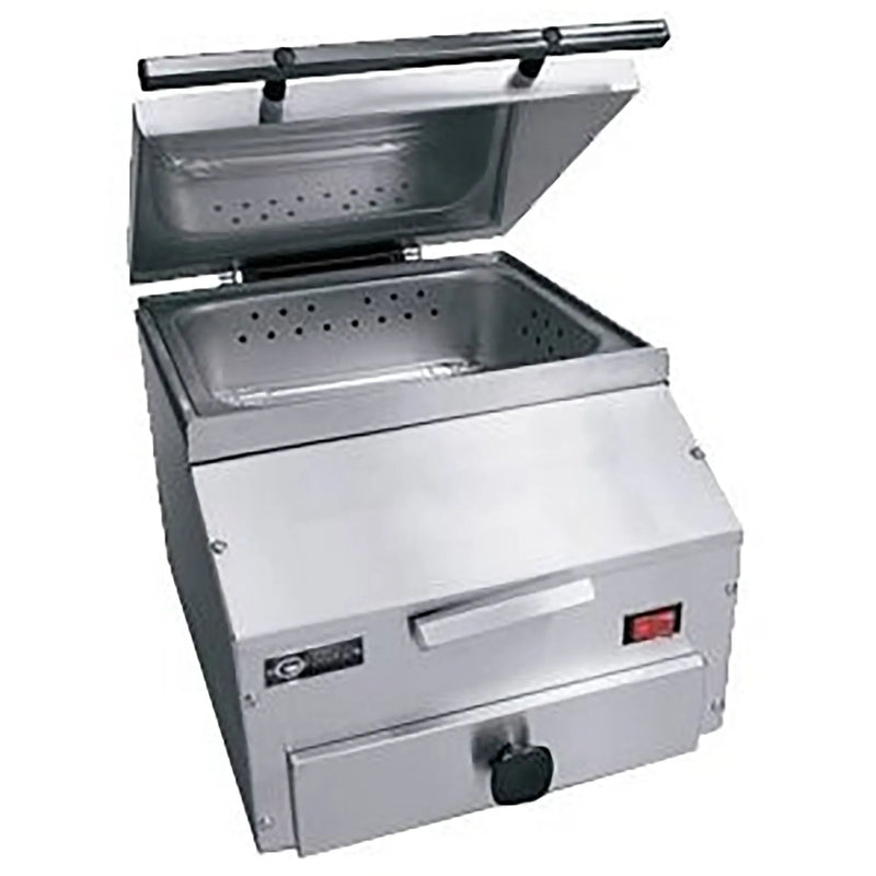 Emberglo ES5 Series self-contained countertop steamer, 1800W, stainless steel with lid open and front water drawer