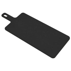 Epicurean 429-197502 black slate rectangular serving paddle, 7.5 x 19 inch wood fiber board with hanging handle, angled