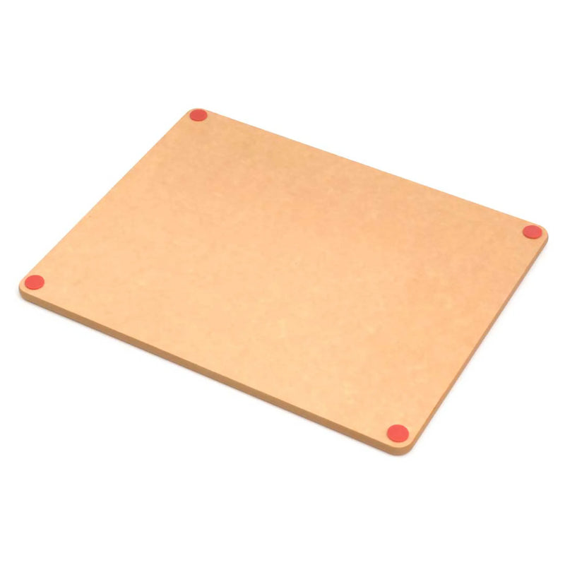 Epicurean HACCP natural cutting board in tan wood fiber composite with red colour-coded corner feet, angled view