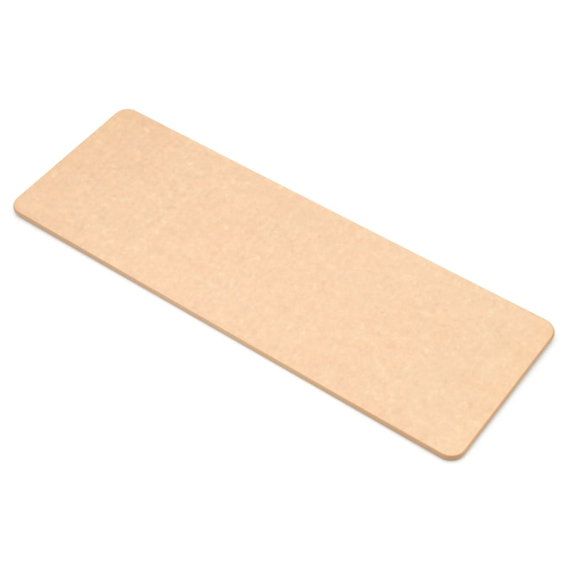 Epicurean rectangular flat bread board in natural tan wood fiber composite, angled top view of the natural colour option