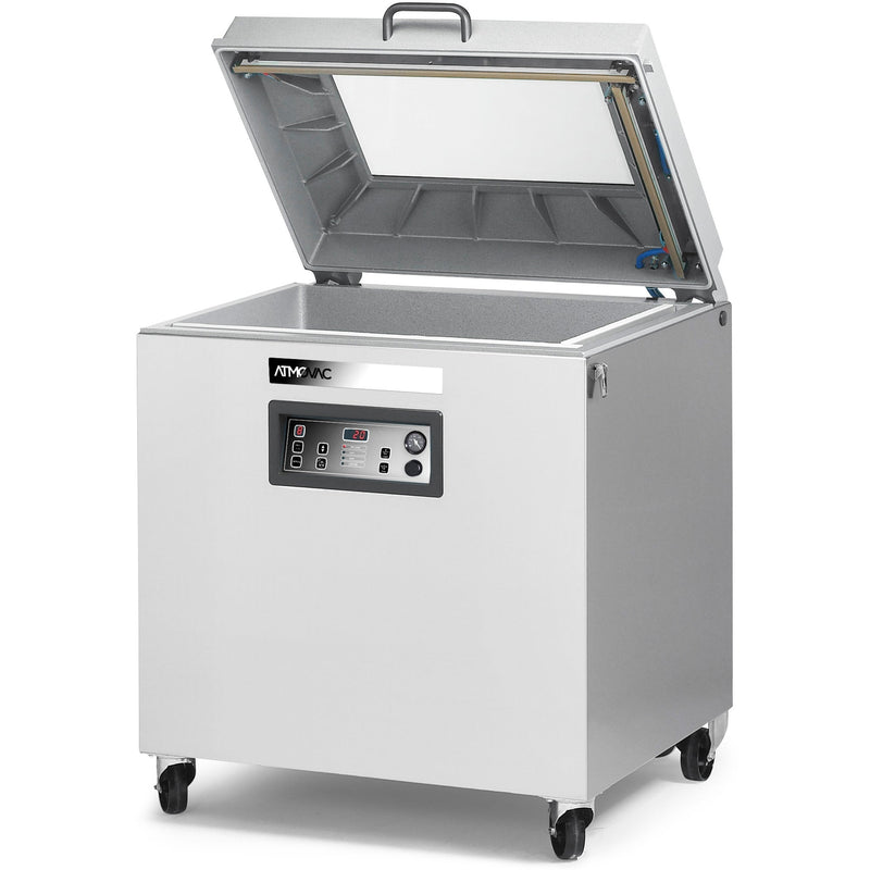 Eurodib Atmovac PAMPERO 30/20D3 floor model chamber vacuum sealer with clear lid open, stainless cabinet on casters