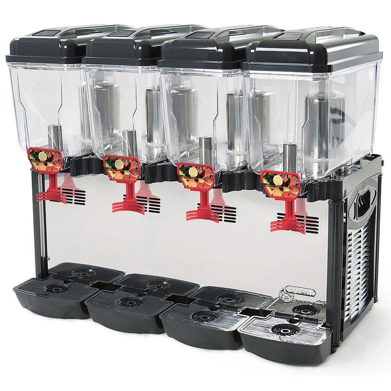 Eurodib CD4J four container 48L refrigerated juice dispenser with clear bowls, red taps and black drip trays