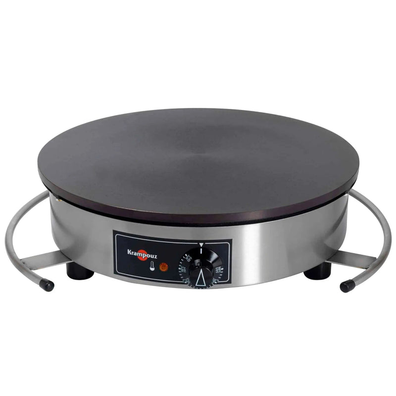 Eurodib CEBIR4 Krampouz 16-inch electric crepe maker with round cast iron plate and stainless steel base, angled view