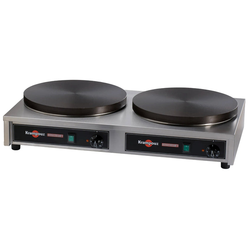 Eurodib CECIJ4 Krampouz deluxe electric double crepe maker with two 15.75-inch cast iron plates, stainless base, angled