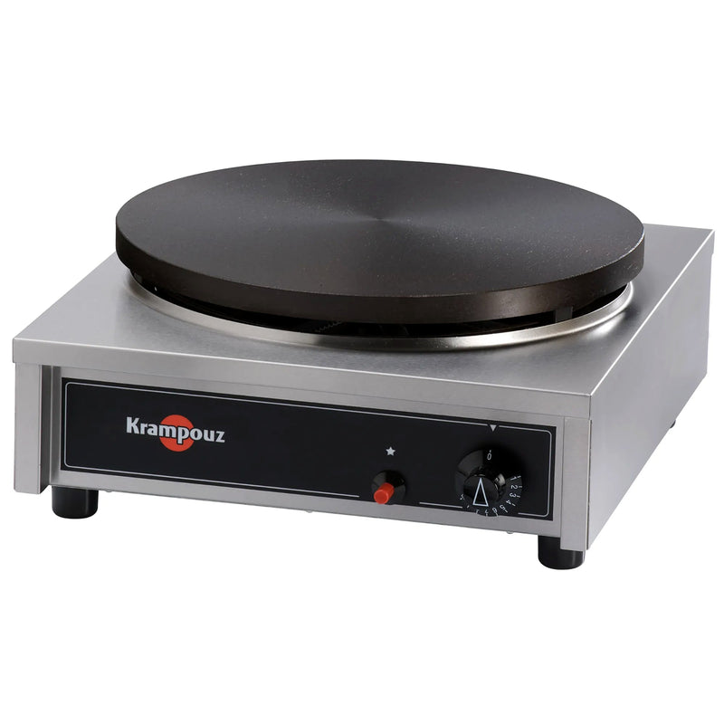 Eurodib CGCID4 Krampouz deluxe 15.75-inch gas crepe maker, black cast iron plate on stainless steel base, angled view