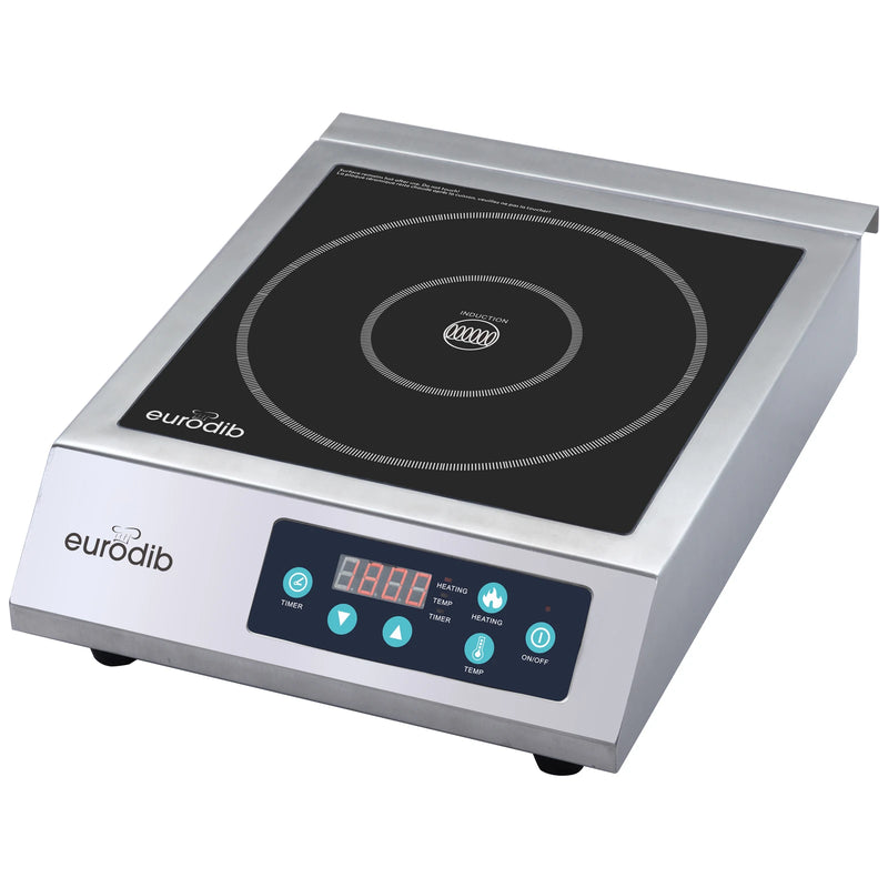 Eurodib CI3500 3500W commercial induction cooker with stainless steel housing, black vitroceramic glass top and digital touch controls, front angled view