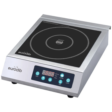 Eurodib CI3500 3500W commercial induction cooker with stainless steel housing, black vitroceramic glass top and digital touch controls, front angled view