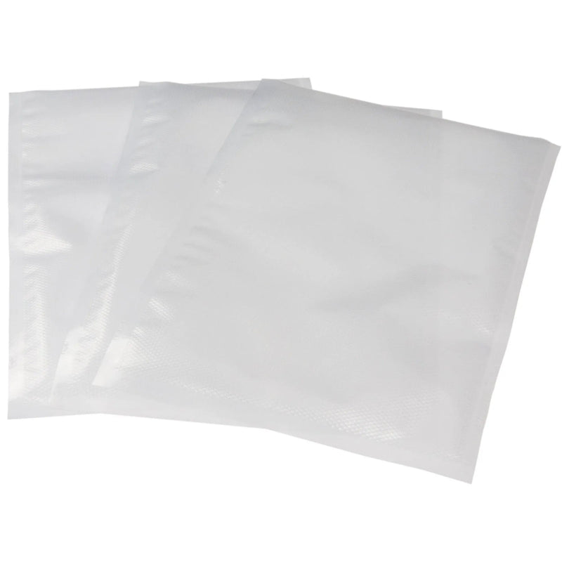 Eurodib channeled vacuum bags in assorted sizes, stack of clear embossed vacuum sealer pouches laid flat