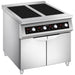 Eurodib FCIHD435D3PH 4 burner electric induction range with black glass top on two-door stainless cabinet base, angled