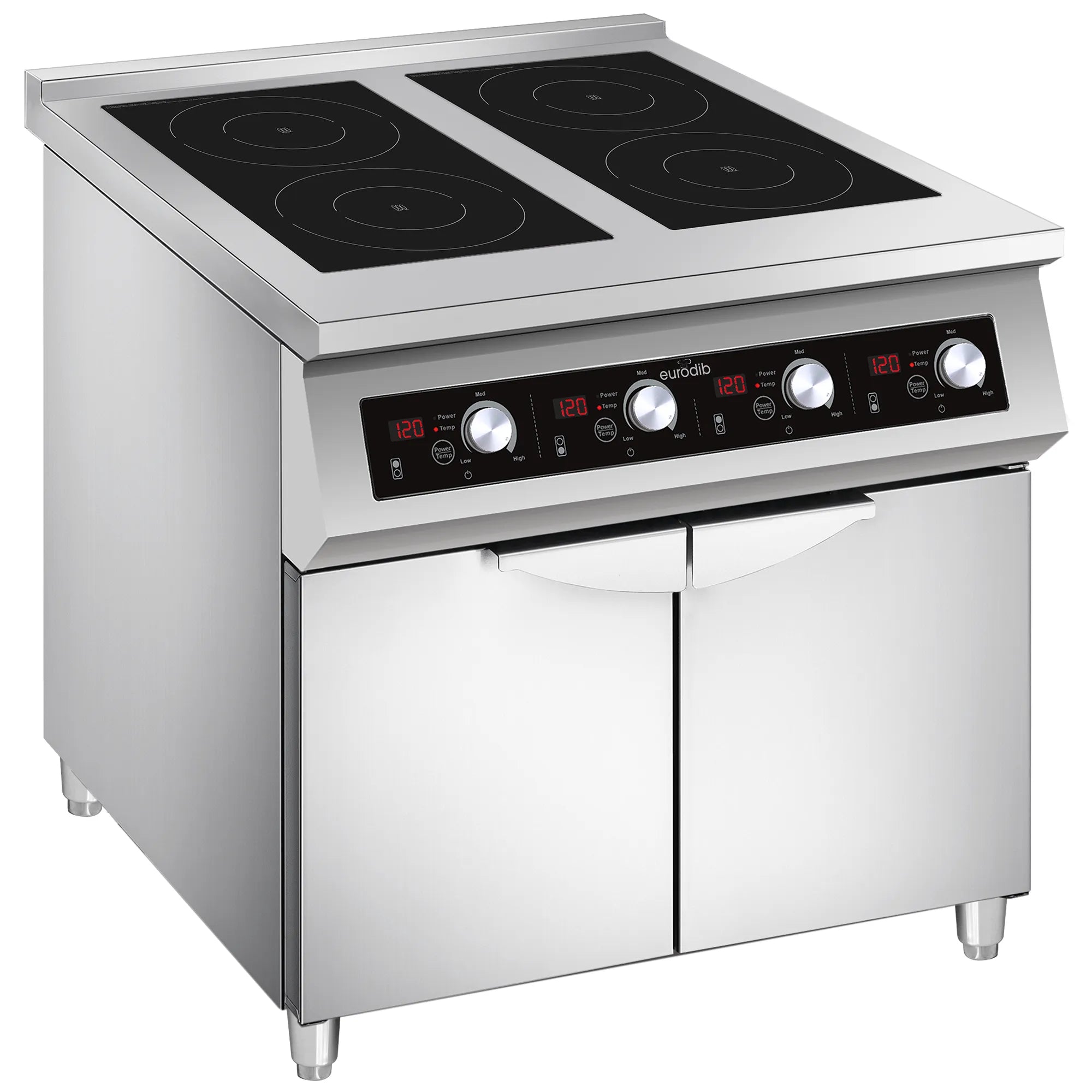Eurodib FCIHD435D3PH Floor Model Commercial Four Burner Electric Induction Cooker with Double Cabinet - 208V, 14000W-Phoenix Food Equipment