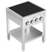 Eurodib FCIHD435OS3PH 4 burner electric induction range with black glass top and four knobs on stainless steel stand