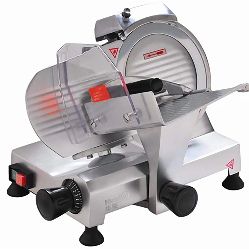 Eurodib HBS-195JS manual aluminum meat slicer with 8-inch blade, red power switch and product carriage, angled view