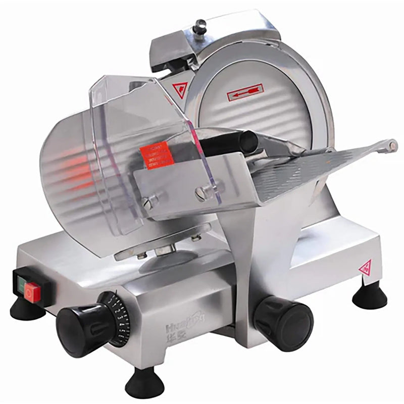 Eurodib HBS-220JS manual aluminum meat slicer with 9-inch blade, red power switch and product carriage, angled view