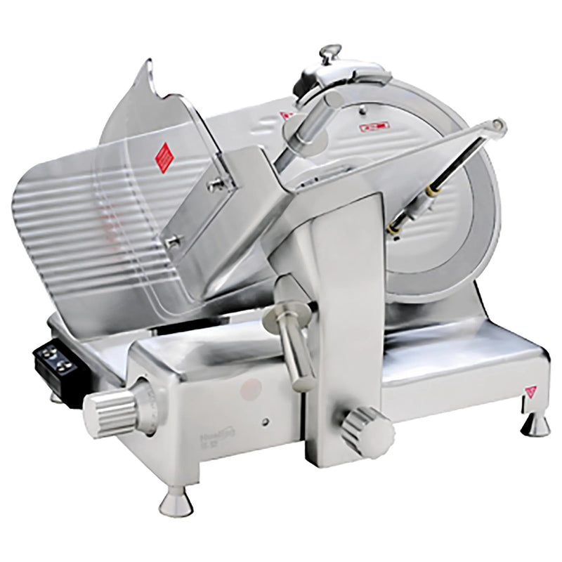 Eurodib HBS-350L manual aluminum meat slicer with 14-inch blade, carriage and blade guard, angled side view