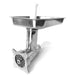 Eurodib HUB12-M size 12 stainless steel meat grinder attachment with feed tray, pusher and grinding plate, angled view