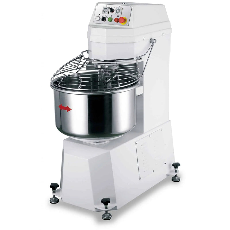 Eurodib LR GM25B ETL 77 qt commercial spiral mixer, white body with stainless steel bowl, wire guard and leveling feet