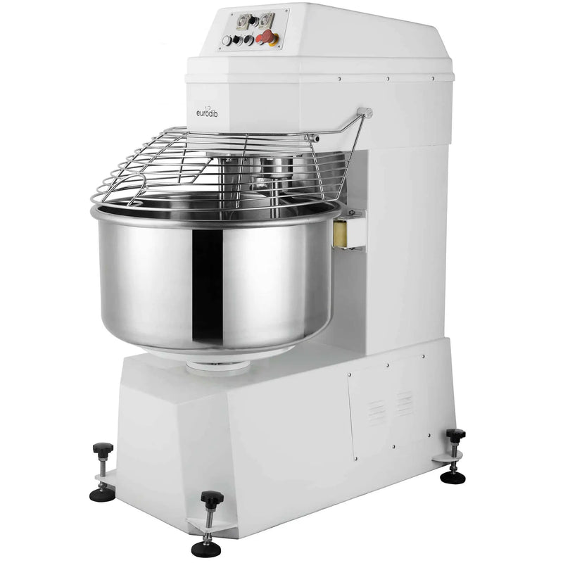 Eurodib LR GM50B ETL 137 qt commercial spiral mixer, white body with stainless steel bowl and wire safety guard, angled