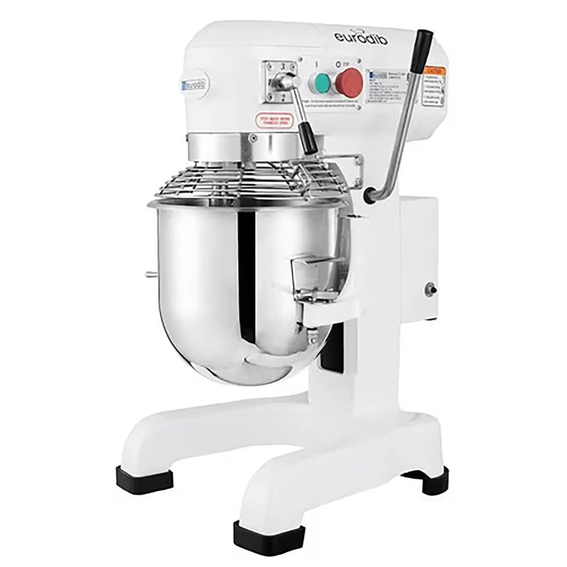 Eurodib M10ETL 10 qt commercial planetary stand mixer, white body with stainless steel bowl and bowl guard, angled view