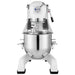 Eurodib M20B ETL 20 qt planetary stand mixer, front view showing stainless steel bowl, wire guard and white base
