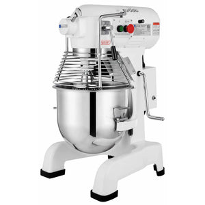 Eurodib M20B ETL 20 qt commercial planetary stand mixer, white body with stainless steel bowl and wire guard, angled view