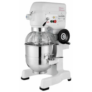 Eurodib M30AETL 30 qt commercial planetary stand mixer, white body with stainless bowl and bowl lift wheel, angled view