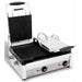 Eurodib SFE Series large double 18 x 11 inch press panini grill with left lid raised showing ribbed cast iron plates