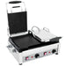 Eurodib SFE Series large double 18 x 11 inch press panini grill with left lid raised showing flat black grill plates