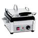 Eurodib SFE Series small single 10 x 10 inch press panini grill with ribbed cast iron plates, stainless base, angled