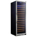 Eurodib USF168 tall single/dual temperature wine cooler with black-framed glass door and wood shelves, angled view