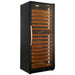 Eurodib USF328 tall black wine cooler with glass door, lit interior and rows of wood wine racks, alternate angle