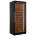 Eurodib USF328 single/dual temperature wine cooler, tall black cabinet with glass door and wood shelves, angled view
