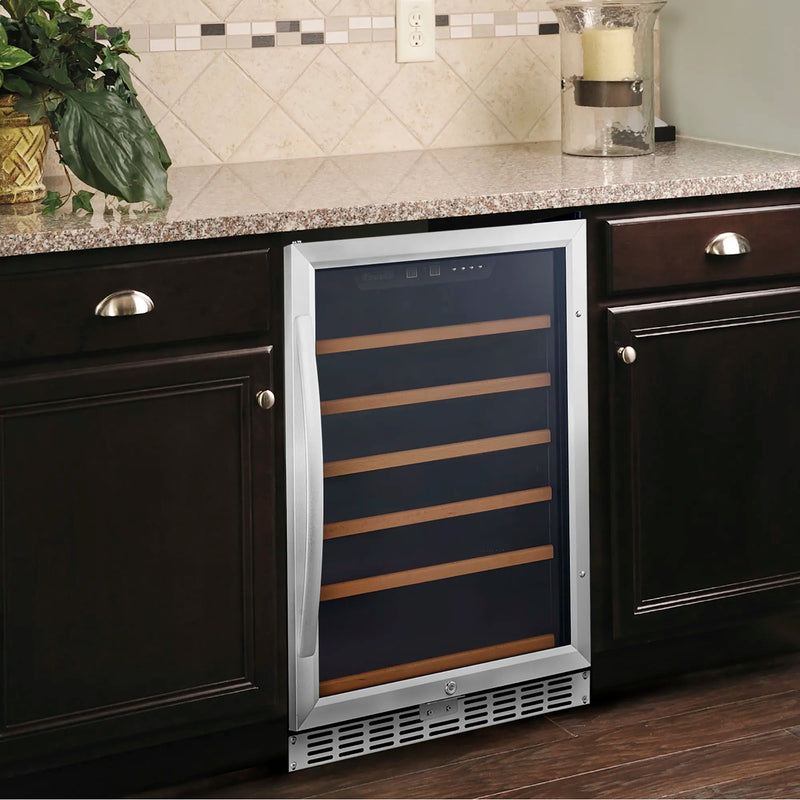 Eurodib USF54 under counter wine cooler with glass door and wood shelves, installed in dark wood kitchen cabinetry