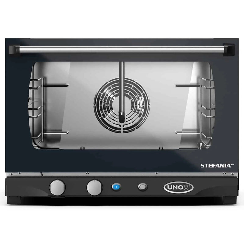 Eurodib Unox XAFT113 Stefania countertop convection oven with humidity, black glass door showing fan and racks, front view